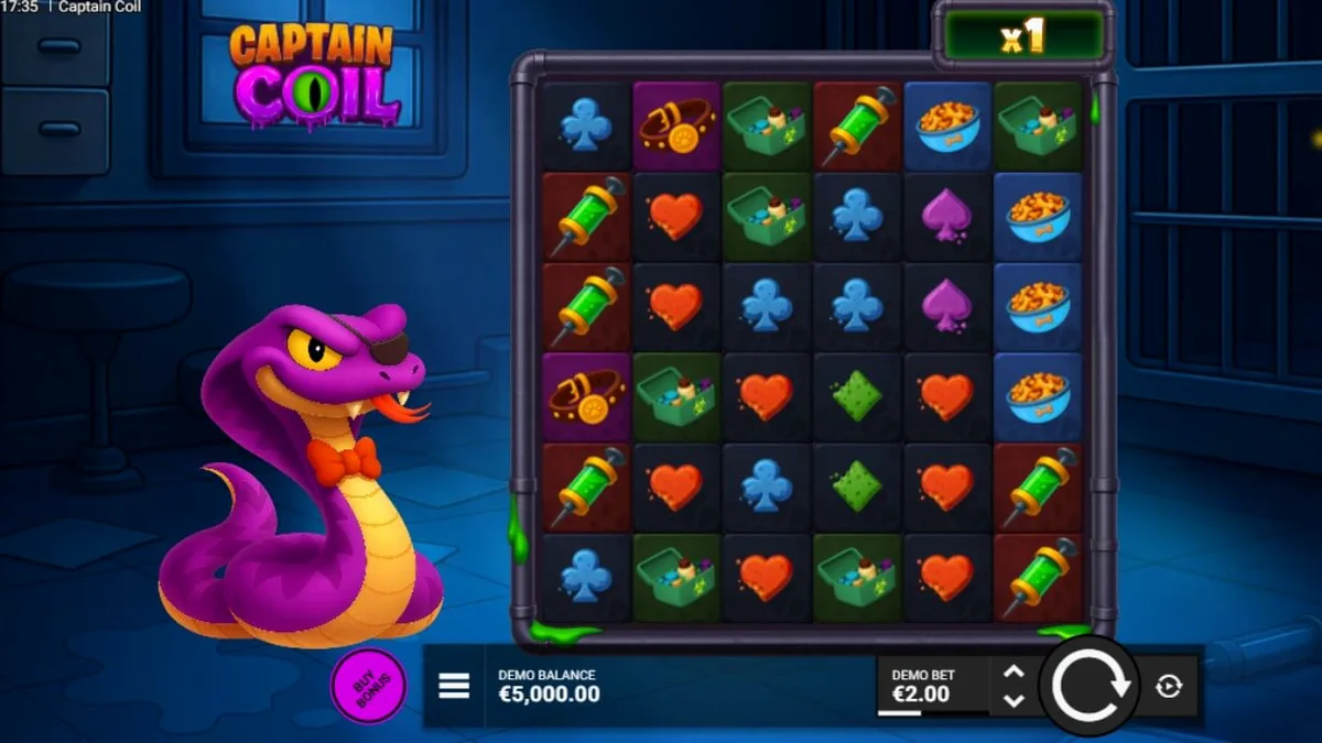 Laboratório steampunk do slot Captain Coil com engrenagens e tubos de ensaio