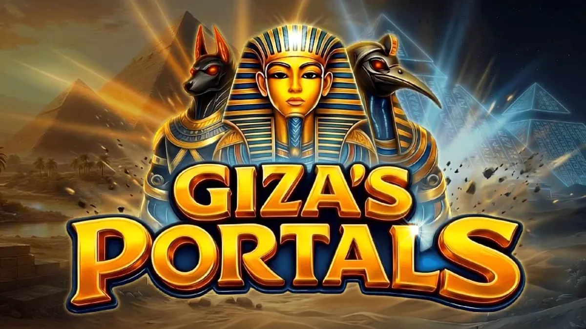 Visual detalhado do slot Giza’s Portals com temática de pirâmides e deuses egípcios